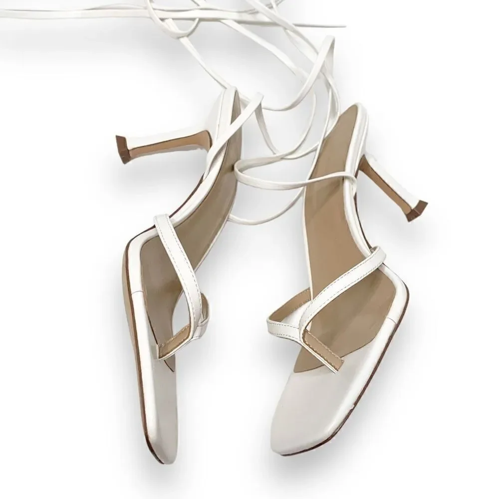 Ann Taylor White Leather Strappy Ankle Wrap Square Toe Sandal Heels Women’s 9.5M